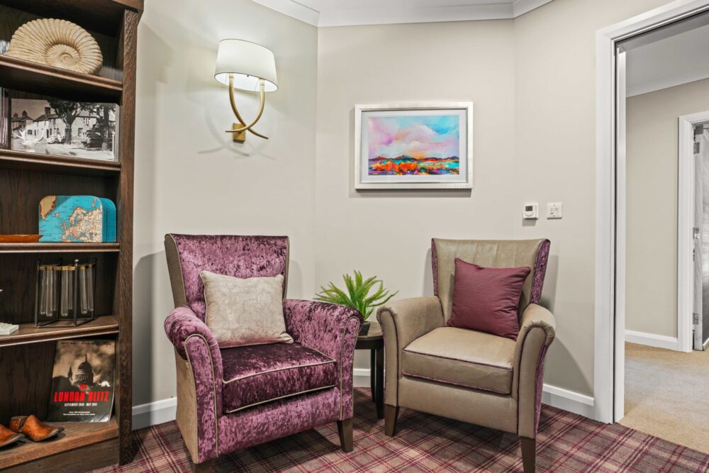 Quiet reading nook with armchairs and bookshelf